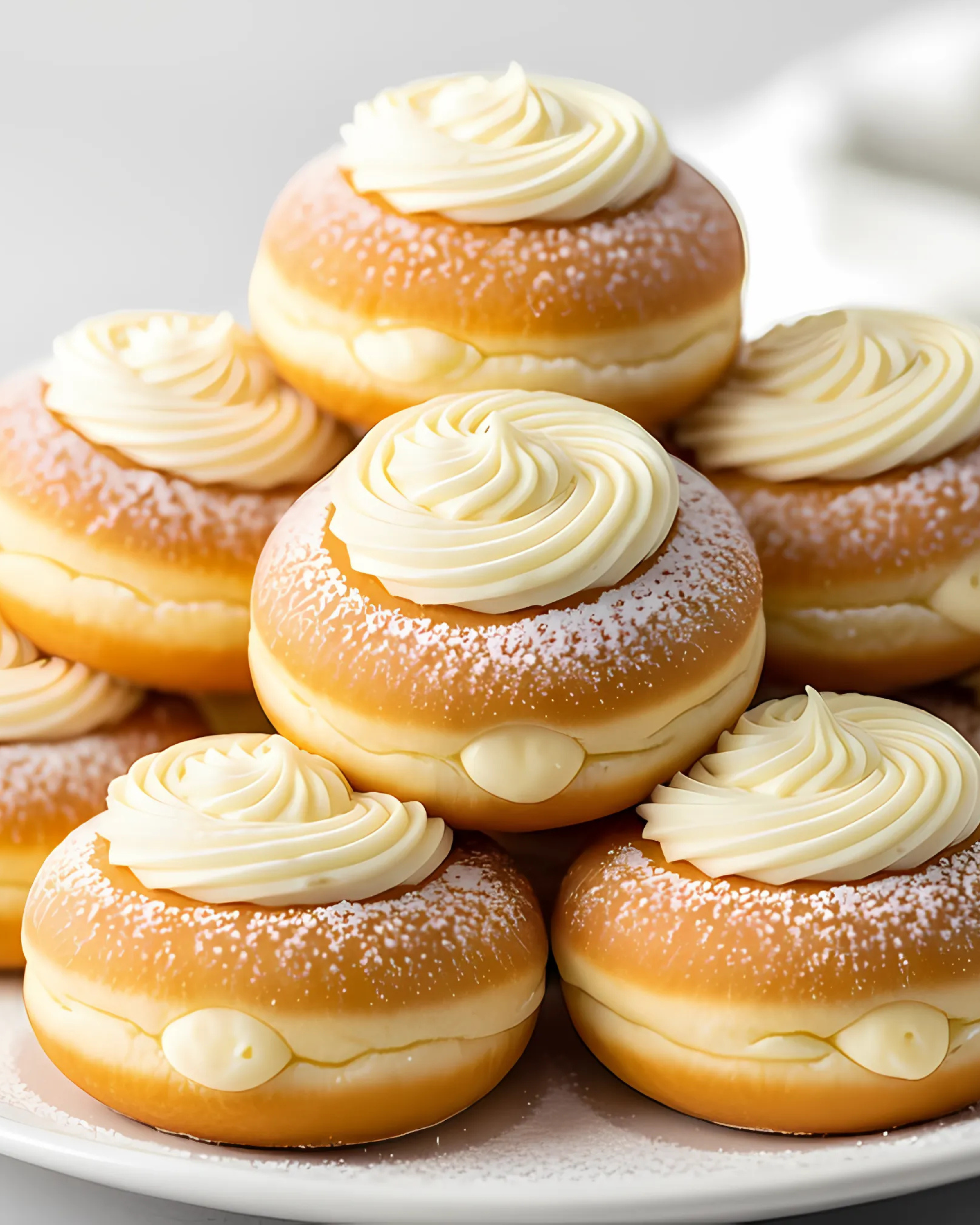 Stack of golden cream cheese donuts topped with swirls of cream and dusted with powdered sugar on a white plate.