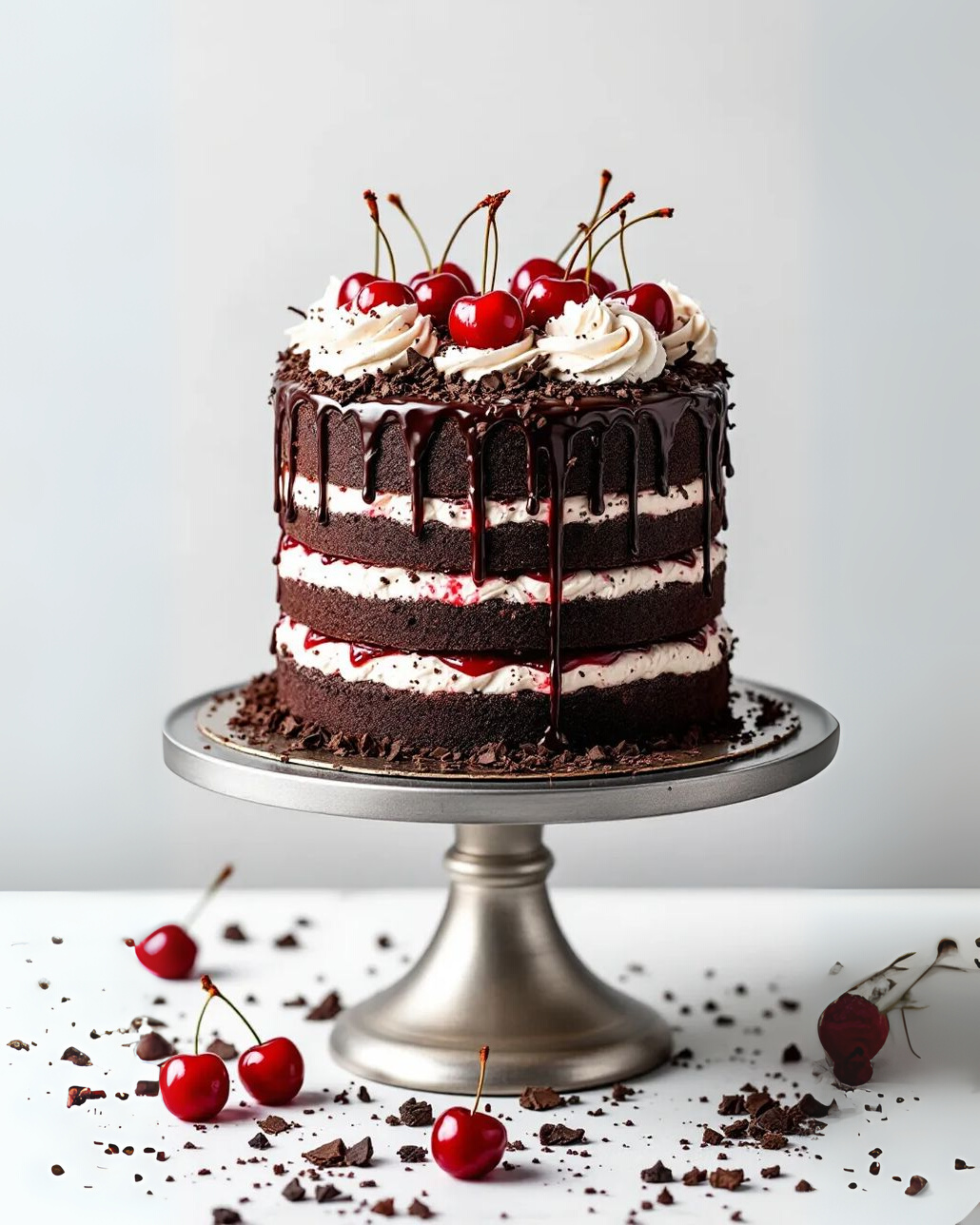 A decadent Black Forest cake topped with fresh cherries and chocolate shavings on a white cake stand.