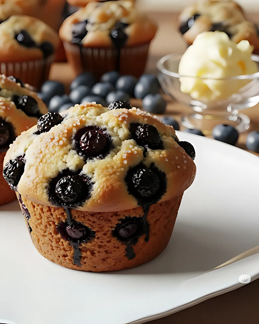 Freshly baked blueberry muffin with plump blueberries and sugar crystals on top, served on a white plate with fresh berries and butter in the background.