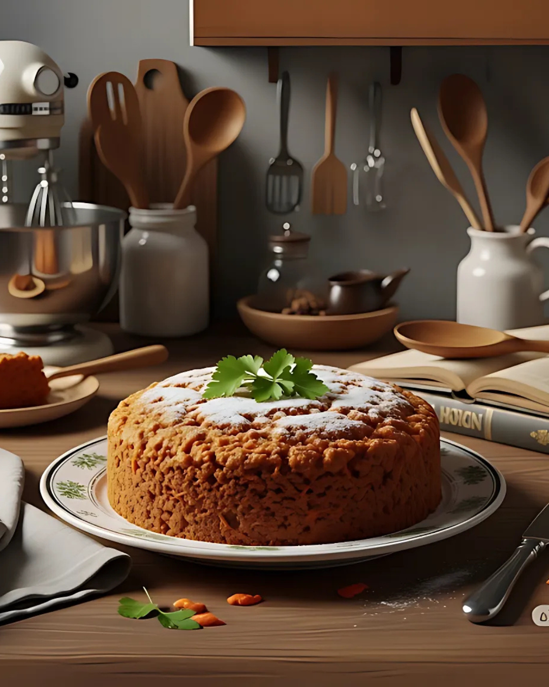 Close-up of moist carrot cake squares topped with cream cheese frosting, stacked on a white plate.