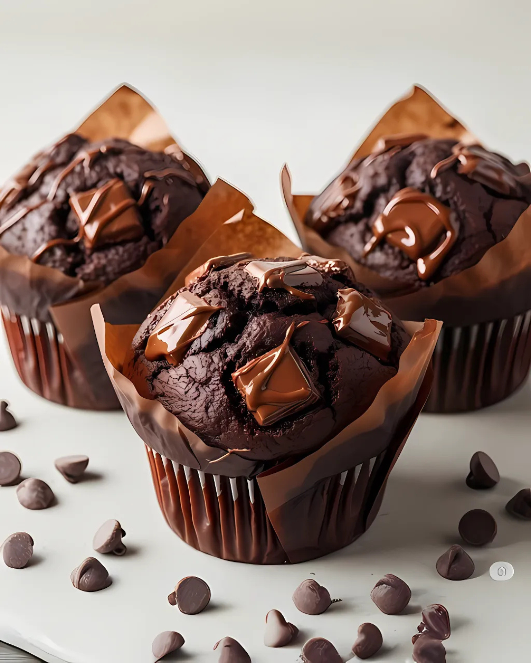 Three rich double chocolate muffins topped with melted chocolate chunks, surrounded by scattered chocolate chips.