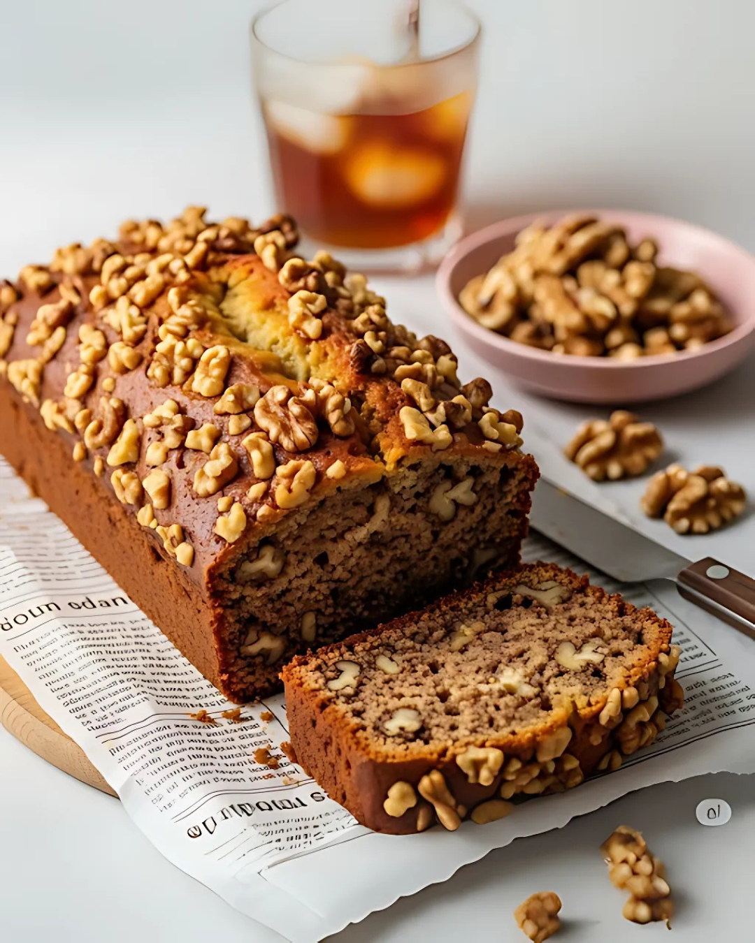 Sliced date and walnut cake on a black plate, garnished with chopped walnuts.