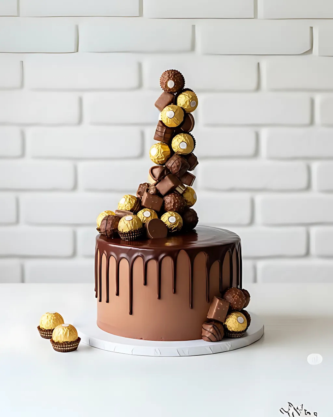 A decadent chocolate drip cake topped with an elaborate tower of Ferrero Rocher, Kinder Bueno, and other chocolate treats, set against a white brick wall background.