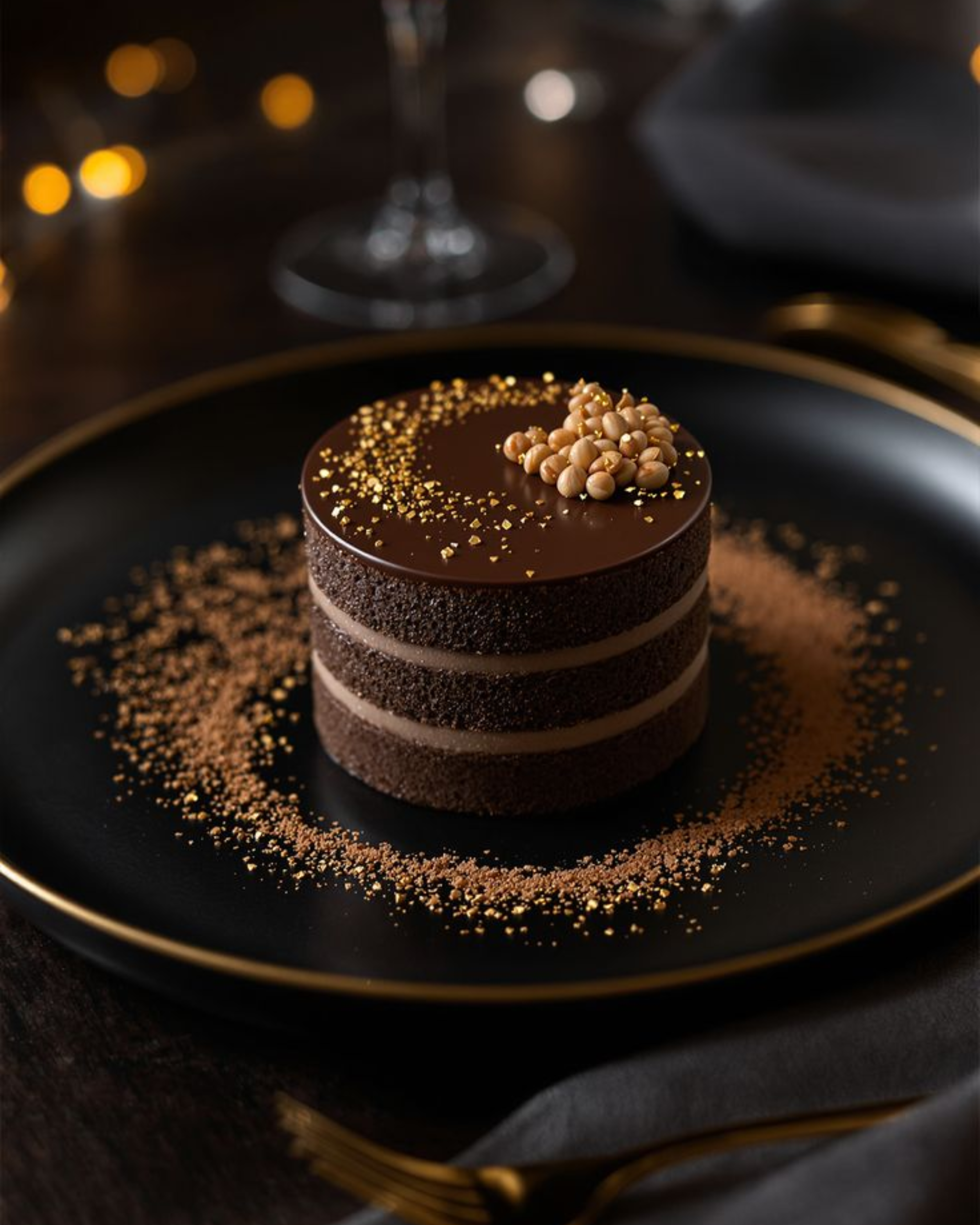 Chocolate hazelnut cake with a glossy chocolate ganache drip, topped with chopped roasted hazelnuts, displayed on a white cake stand.