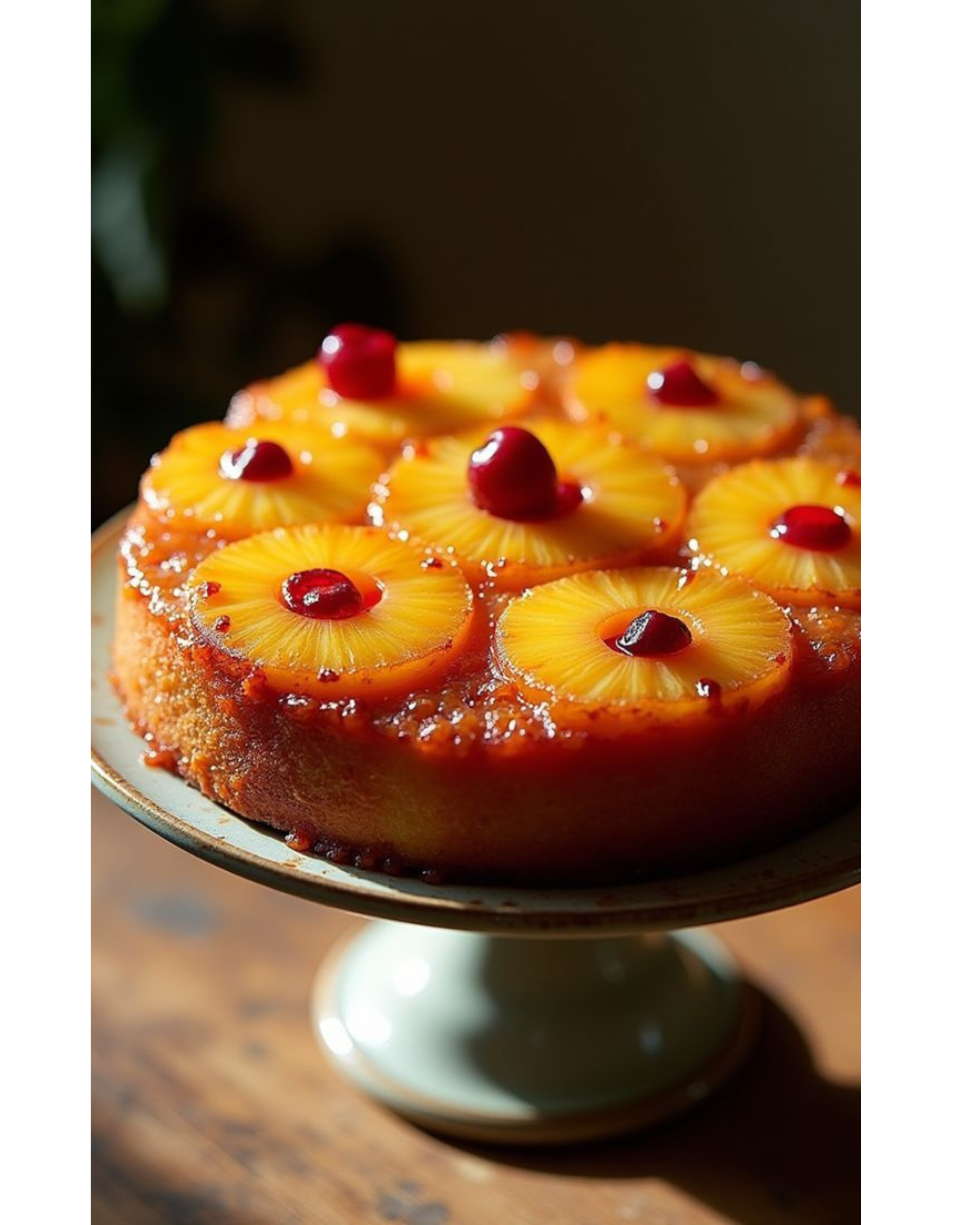 Freshly baked pineapple upside-down cake topped with maraschino cherries, served on a white plate with a slice being lifted.