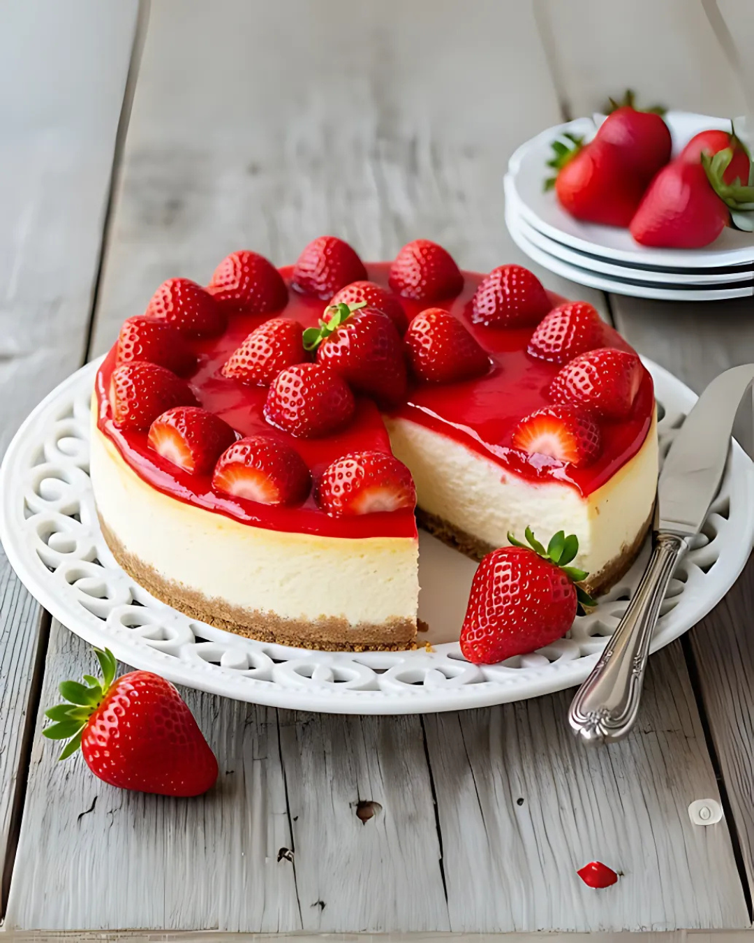 A creamy strawberry cheesecake with a golden graham cracker crust, topped with glazed whole strawberries and a strawberry sauce drip.