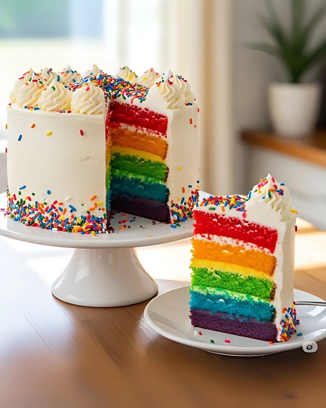 A vibrant rainbow cake with six colorful layers covered in white frosting, decorated with multicolored sprinkles, and a slice placed on a white plate.