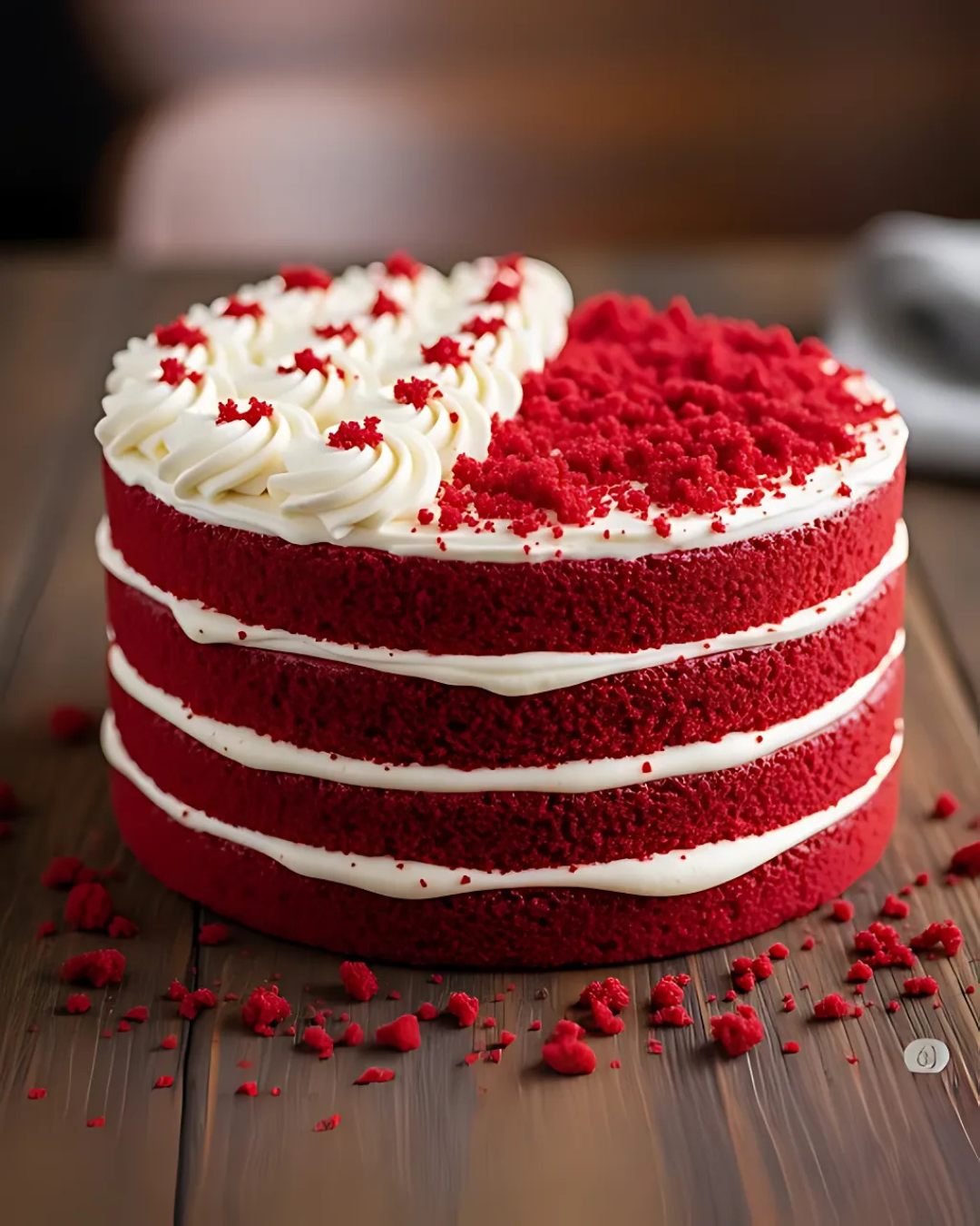 A beautiful, multi-layered red velvet cake with cream cheese frosting, decorated with swirls of white frosting and red crumbs on top, sitting on a wooden surface with scattered red crumbs.